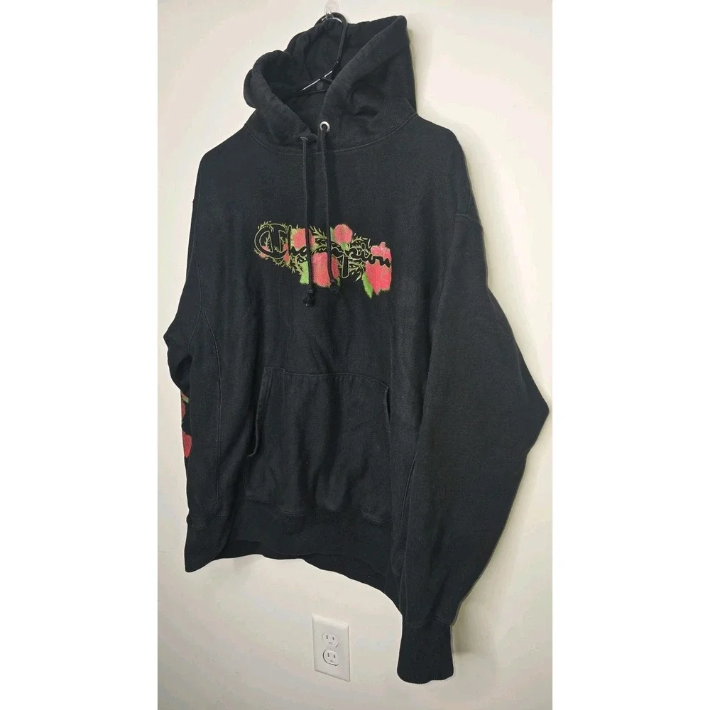 Champion Reverse Weave Rose Graphic Hoodie Black Oversized Large Y2K era